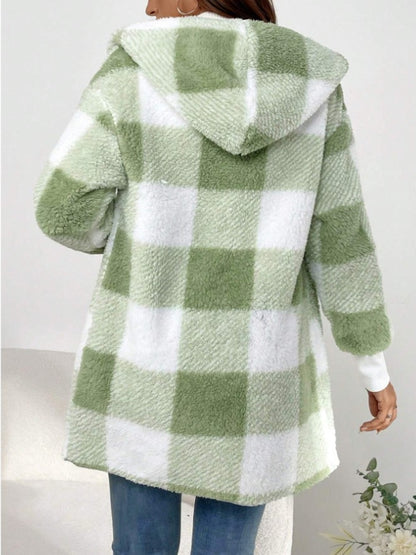 Plaid Long Sleeve Hooded Coat