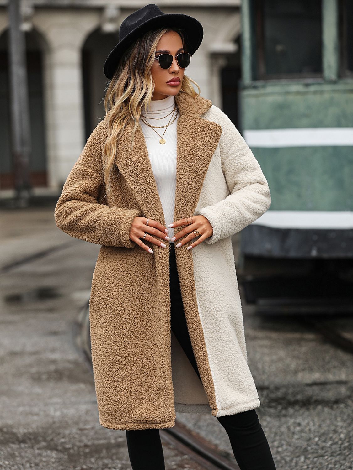 Contrast Dropped Shoulder Sherpa Coat